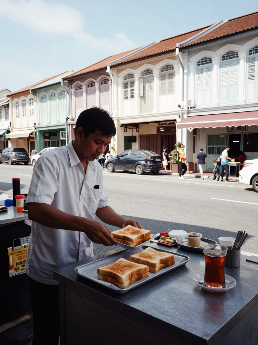 George Town Malaysia Morning Street Scene with Kaya Toast and Tea Towel in in George Town, Malaysia