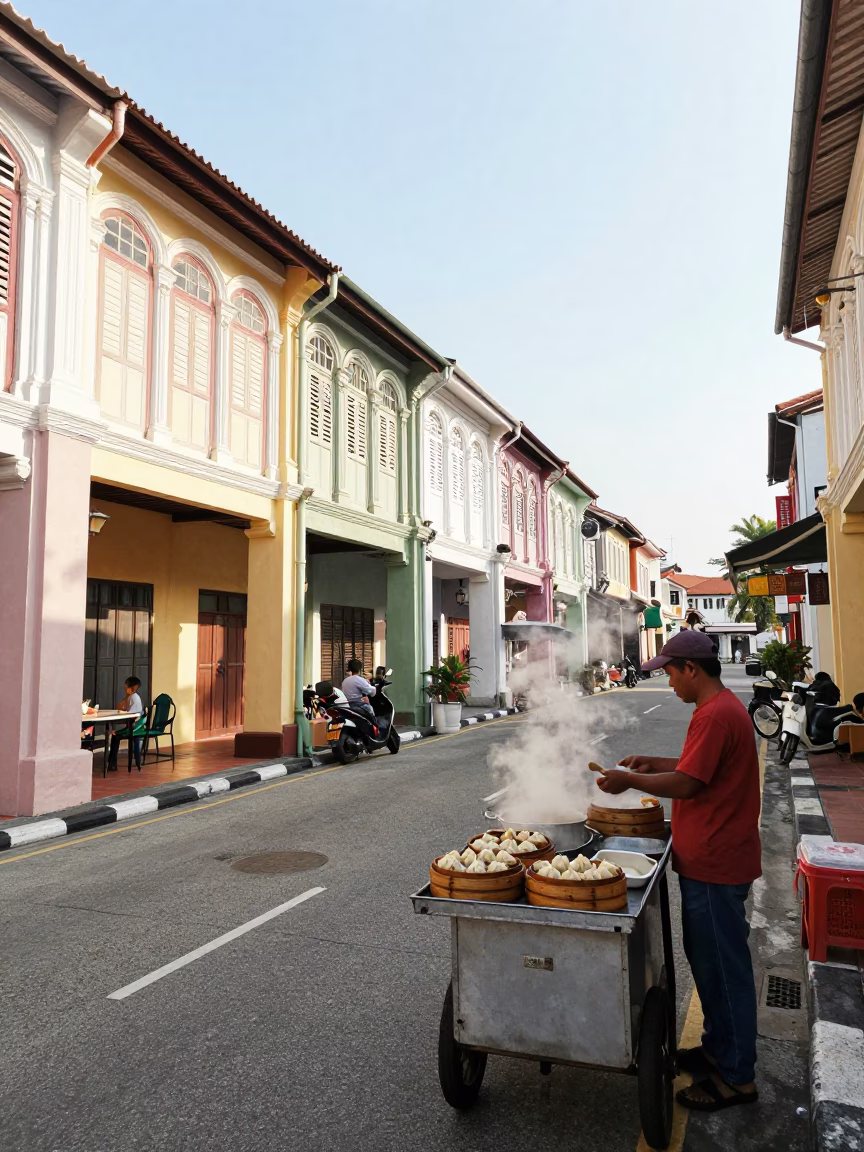 George Town Malaysia Morning Street Scene with Shophouses and Local Food Stall in in George Town, Malaysia