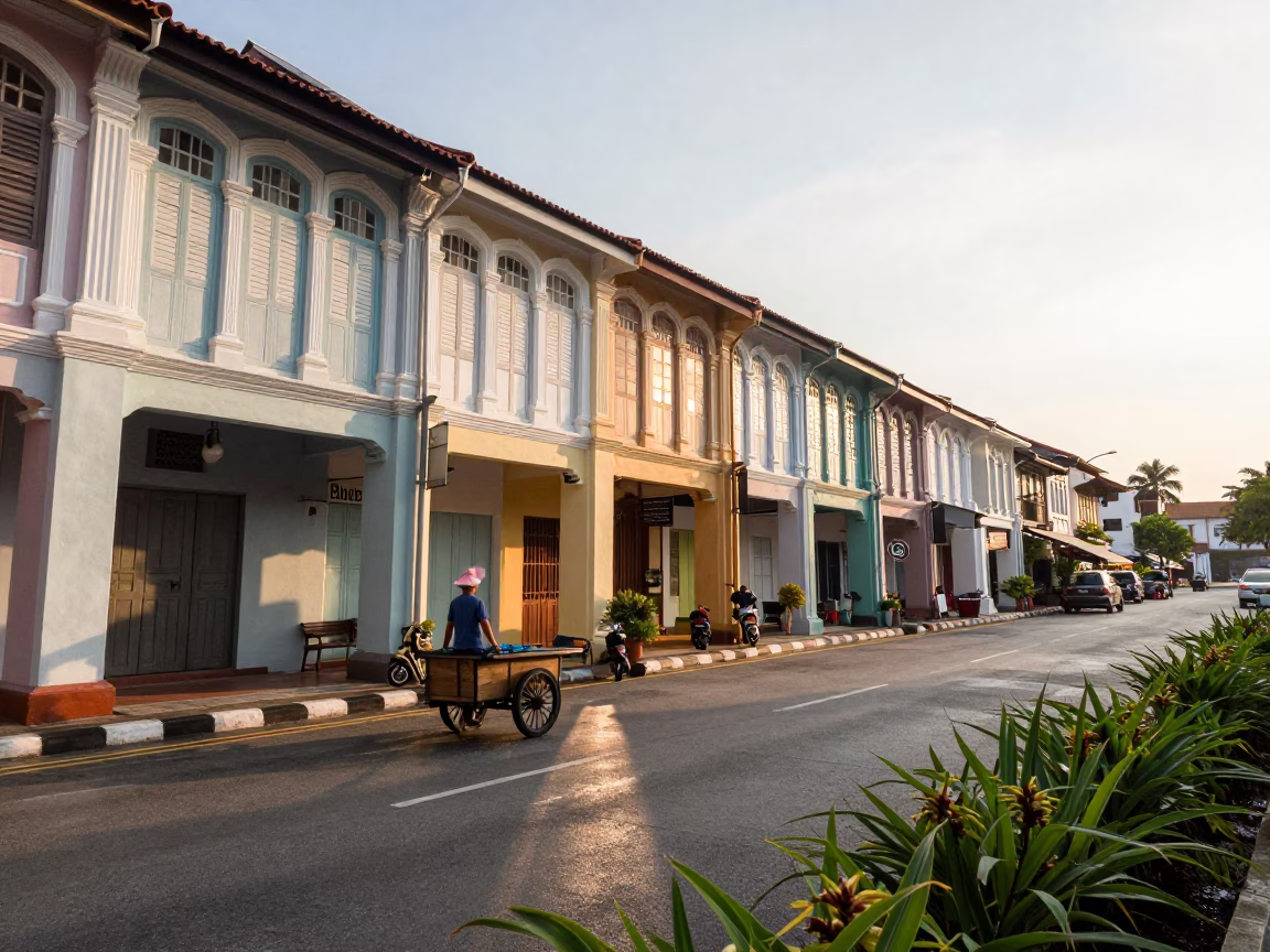 George Town Malaysia Morning Street Scene with Shophouses and Taro Plants in in George Town, Malaysia