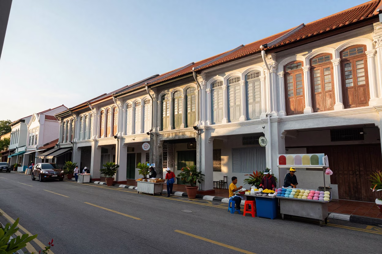 George Town Malaysia Morning Street Scene with Traditional Shophouses and Local Market Activity in in George Town, Malaysia