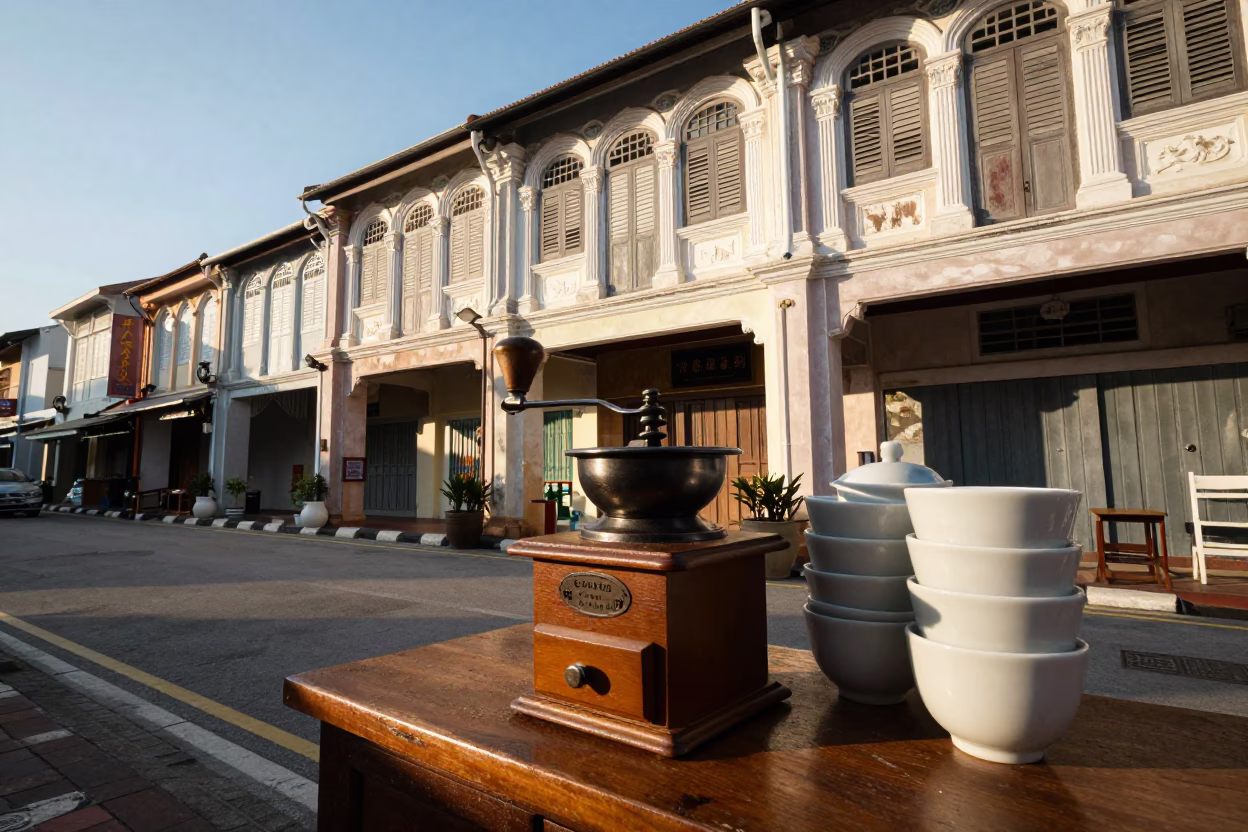 George Town Malaysia Morning Street Scene with Vintage Coffee Grinder and Local Cafe Activity in in George Town, Malaysia