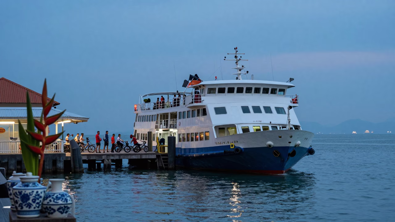 George Town Malaysia Nautical Dawn Ferry Docking with Heliconia and Ceramic Tiles in in George Town, Malaysia