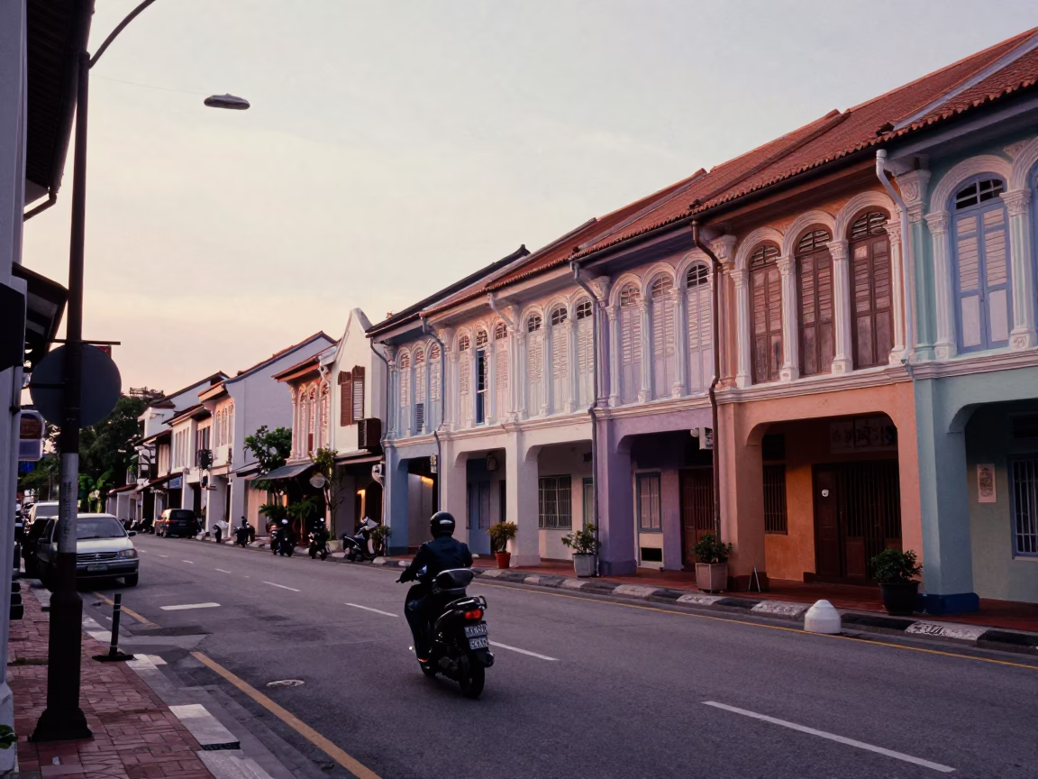 George Town Malaysia Nautical Dawn Street Scene with Motorcycle and Heritage Architecture in in George Town, Malaysia