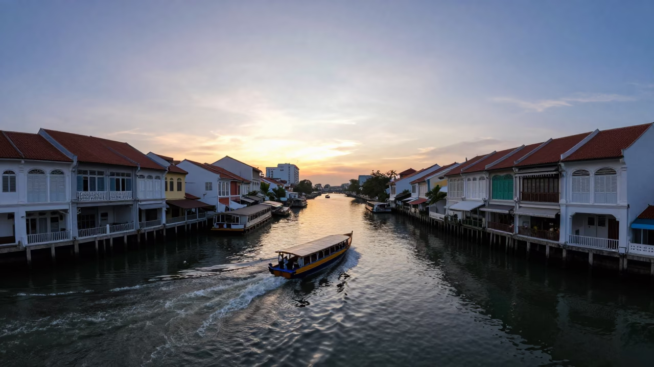 George Town Malaysia Nautical Dawn Water Taxi Zigzagging Canal Houseboats in in George Town, Malaysia
