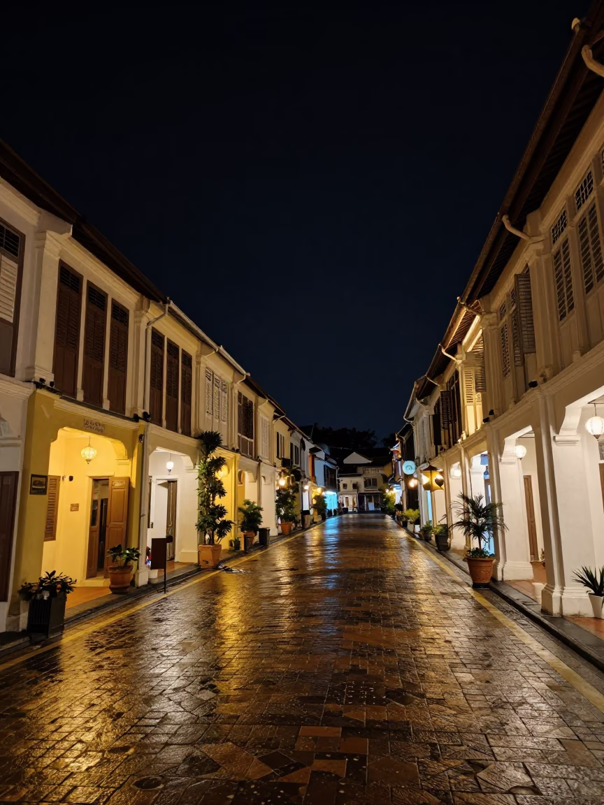 George Town Malaysia Night Street Scene with Lanterns and Shophouses in in George Town, Malaysia