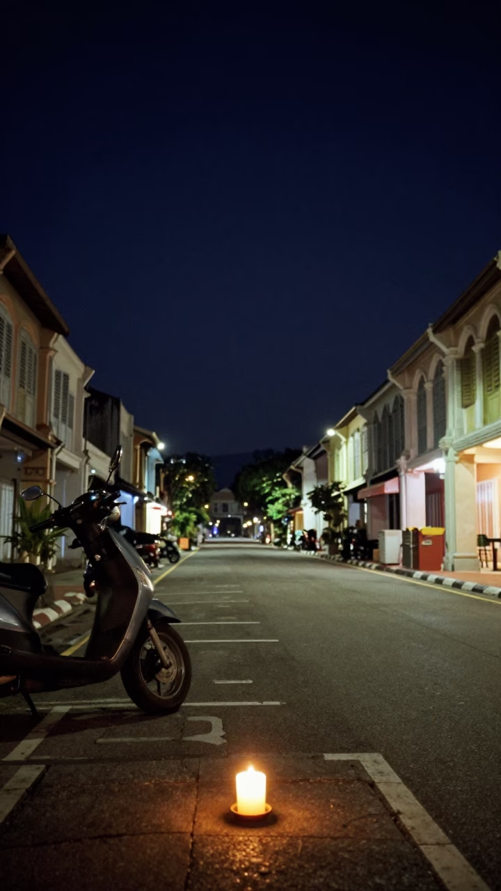 George Town Malaysia Night Street Scene with Scooter and Candle Holder in in George Town, Malaysia