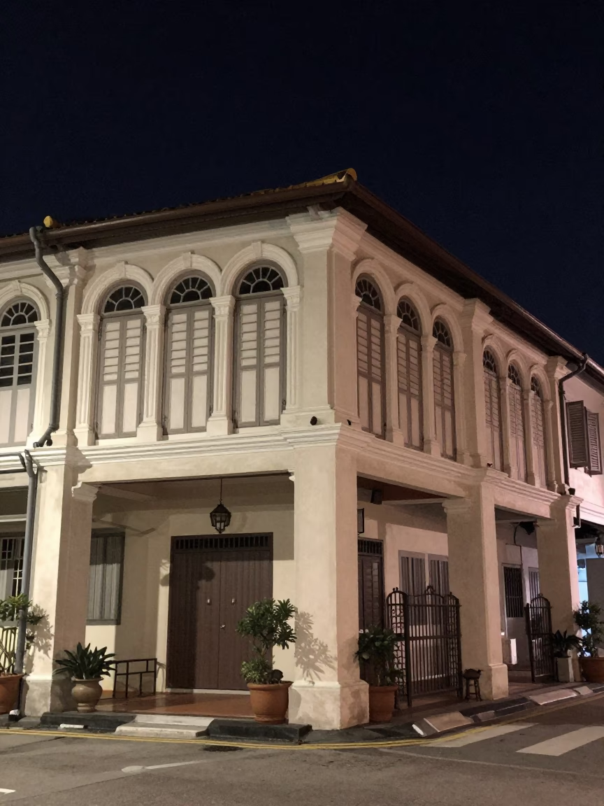 George Town Malaysia Night Street Scene with Shophouse Architecture and Window Light in in George Town, Malaysia