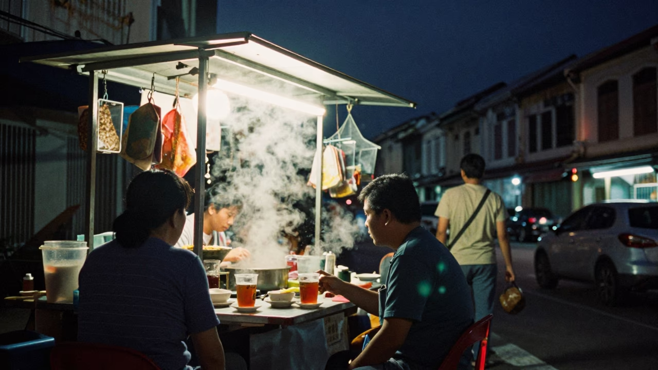 George Town Malaysia Night Street Scene with Steam and Paint Flecks in in George Town, Malaysia