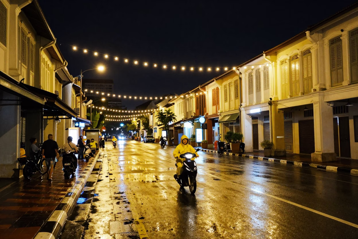 George Town Malaysia Night Street Scene with String Lights and Local Shopfronts in in George Town, Malaysia