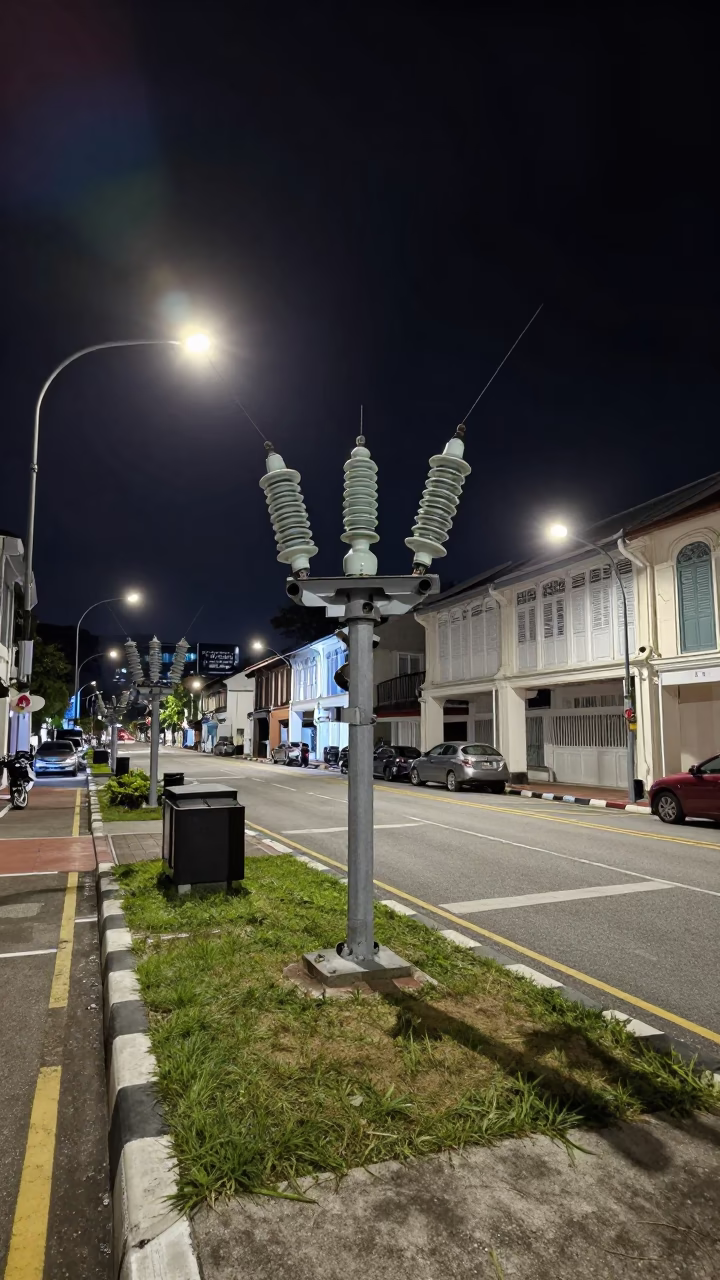 George Town Malaysia Night Street Scene with Substation Insulators and Urban Infrastructure in in George Town, Malaysia