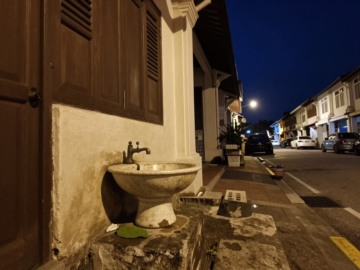 George Town Malaysia Night Street Scene with Wash Basin and Leaf Shadows in in George Town, Malaysia