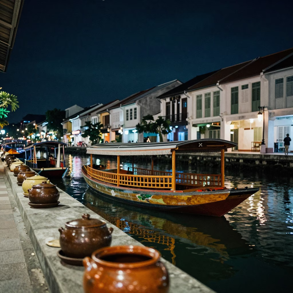 George Town Malaysia Night Street Scene with Water Taxi and Claypot Rice in in George Town, Malaysia