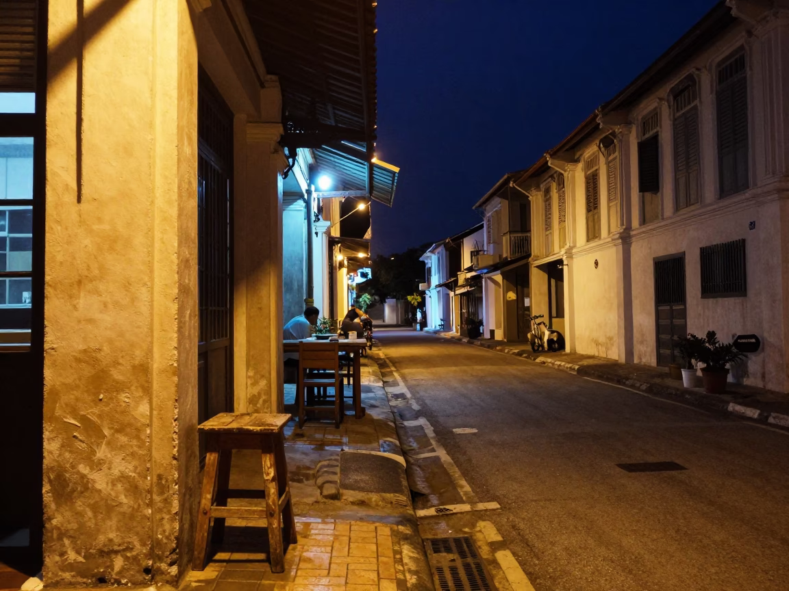 George Town Malaysia Night Street Scene with Wooden Stool and Painted Crate in in George Town, Malaysia