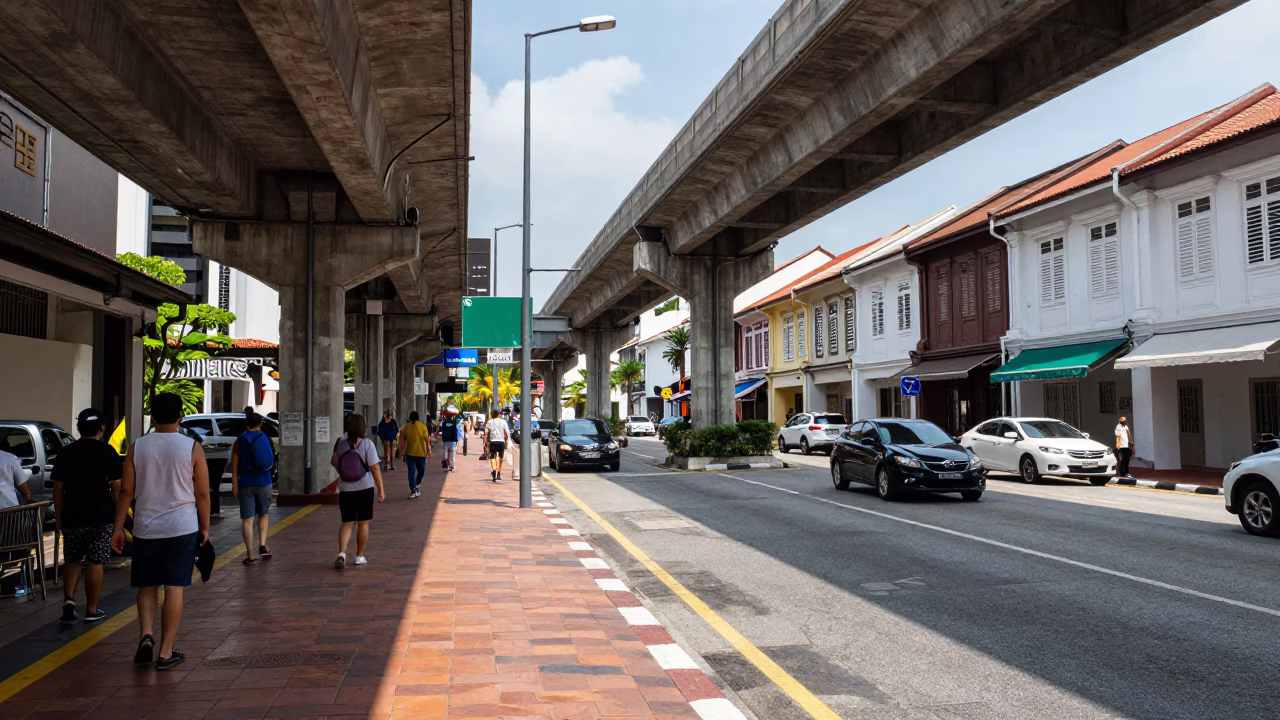 George Town Malaysia Noon Street Scene with Flyover and Shaded Sidewalk Activity in in George Town, Malaysia