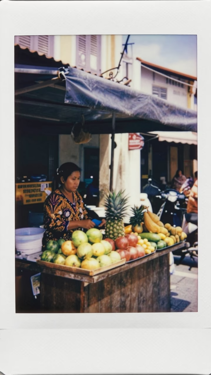 George Town Malaysia Noon Street Scene with Local Vendor and Everyday Objects in in George Town, Malaysia