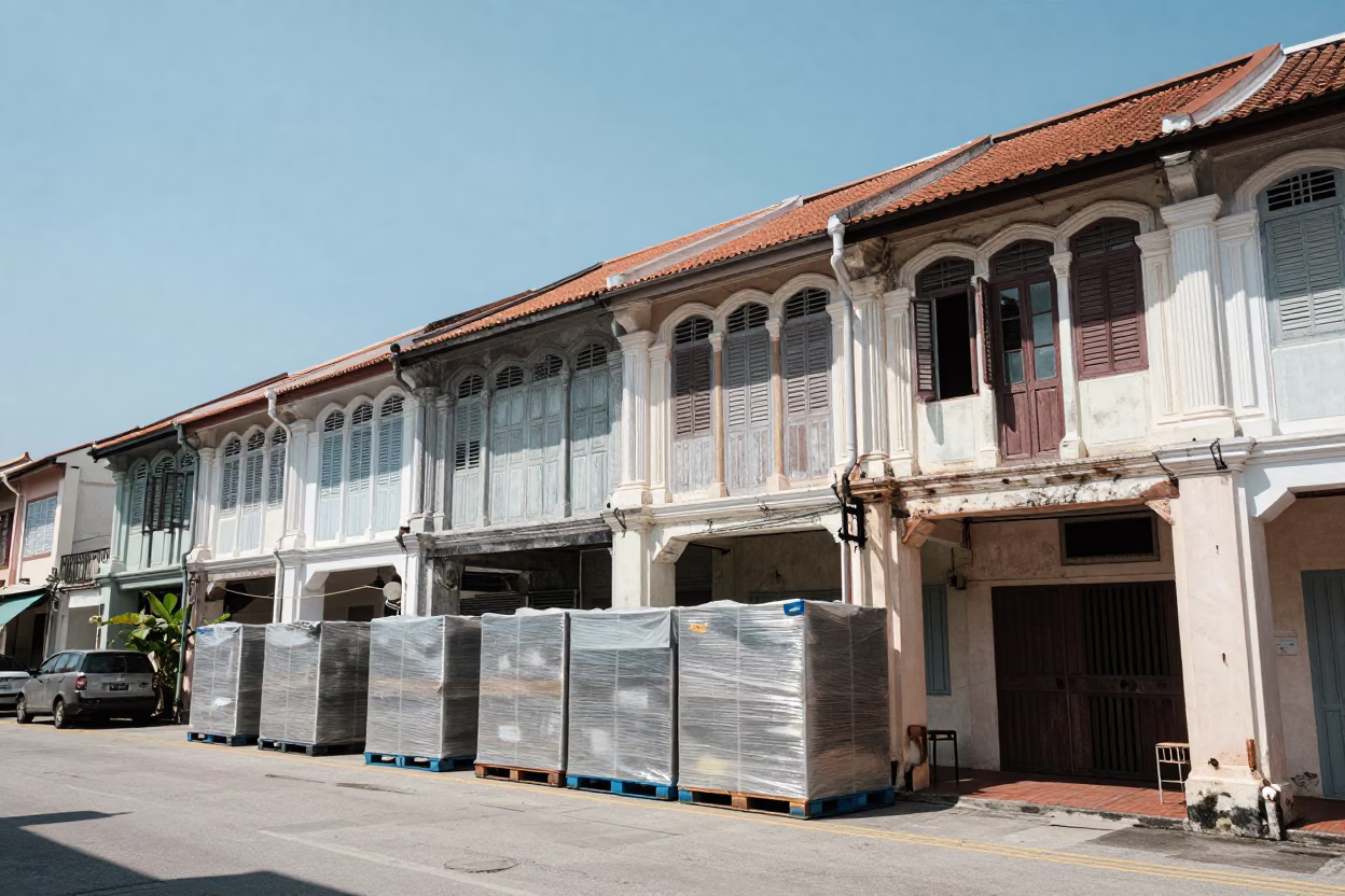 George Town Malaysia Noon Street Scene with Shrink Wrapped Warehouse Pallets and Local Life in in George Town, Malaysia