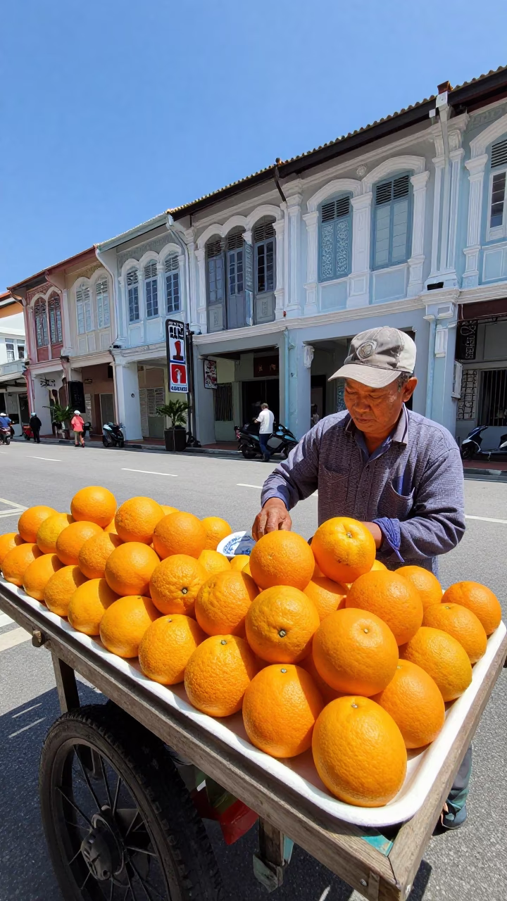 George Town Malaysia Noon Sunlight on Blue White Porcelain and Oranges in in George Town, Malaysia
