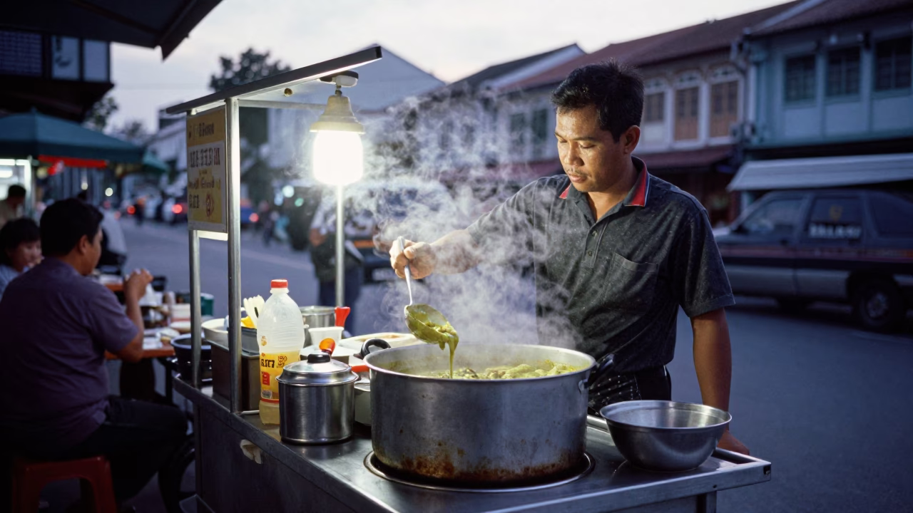 George Town Malaysia Pre-Dawn Street Food Vendor with Green Curry and Jasmine Rice in in George Town, Malaysia