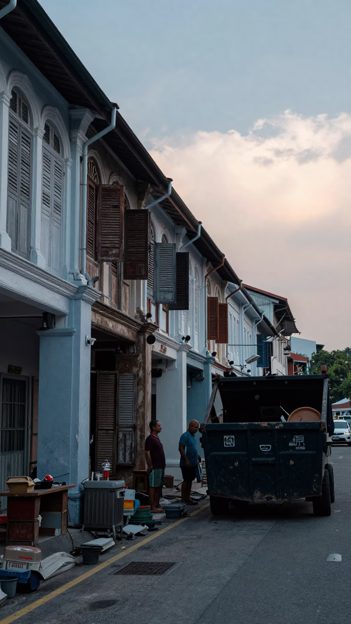 George Town Malaysia Pre-Dawn Street Scene With Shopkeeper And Demolition Dumpster in in George Town, Malaysia