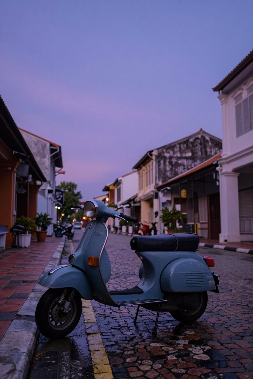 George Town Malaysia Pre-Dawn Street Scene with Vintage Scooter and Oil Lamp in in George Town, Malaysia