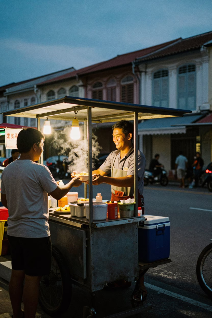George Town Malaysia Predawn Street Food Vendor with Cooler and Local Customers in in George Town, Malaysia