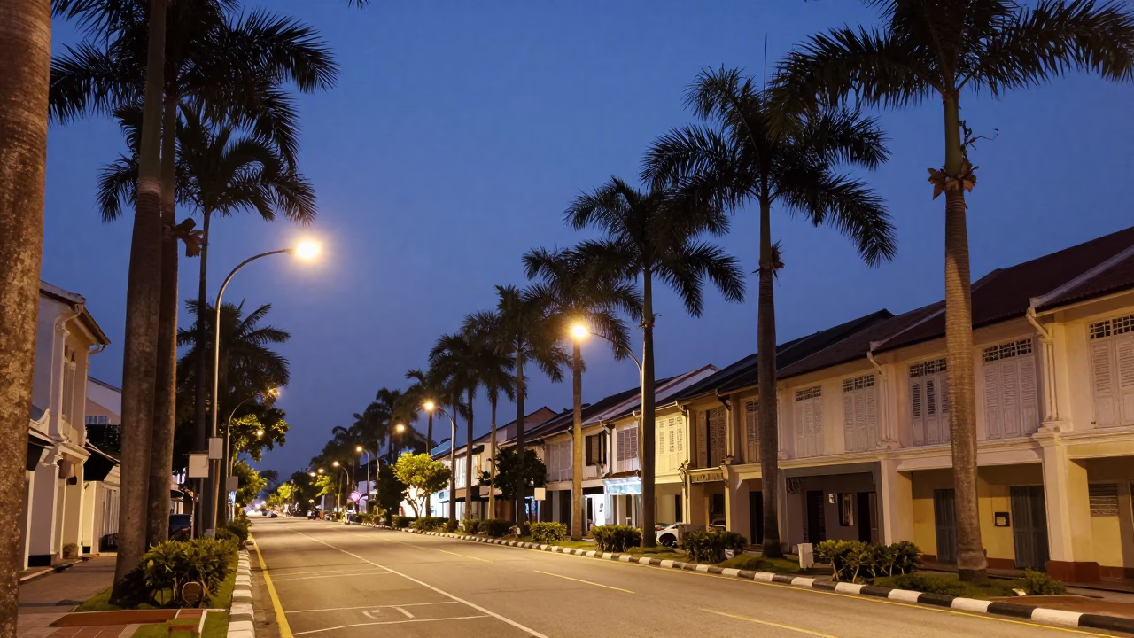 George Town Malaysia Predawn Street Scene with Palm Trees and Streetlights in in George Town, Malaysia