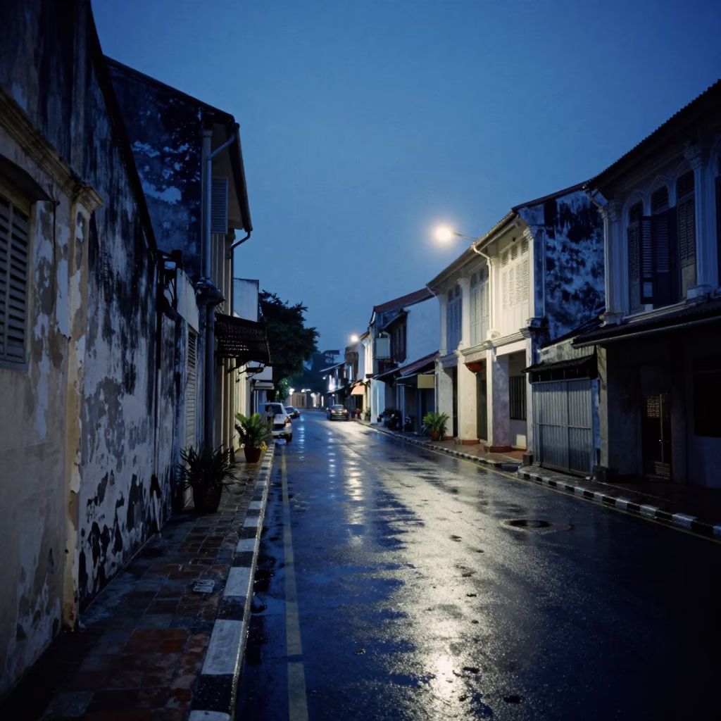 George Town Malaysia predawn street scene with peeling paint and wet pavement in in George Town, Malaysia