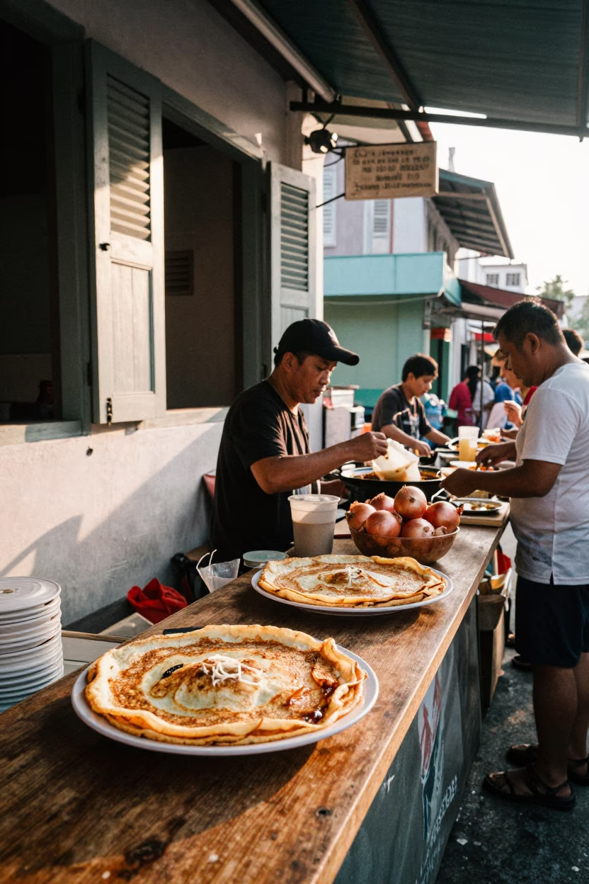 George Town Malaysia Street Breakfast Scene with Crepes and Onions at Sunrise in in George Town, Malaysia