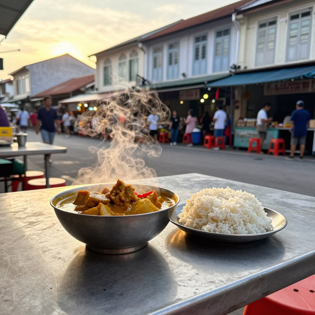 George Town Malaysia Street Food Stall Golden Hour Curry and Rice Scene in in George Town, Malaysia