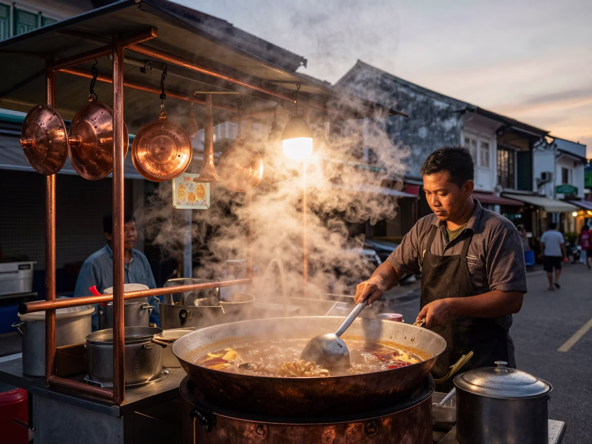George Town Malaysia Street Food Stall with Steam Haze and Copper Toned Dusk Light in in George Town, Malaysia