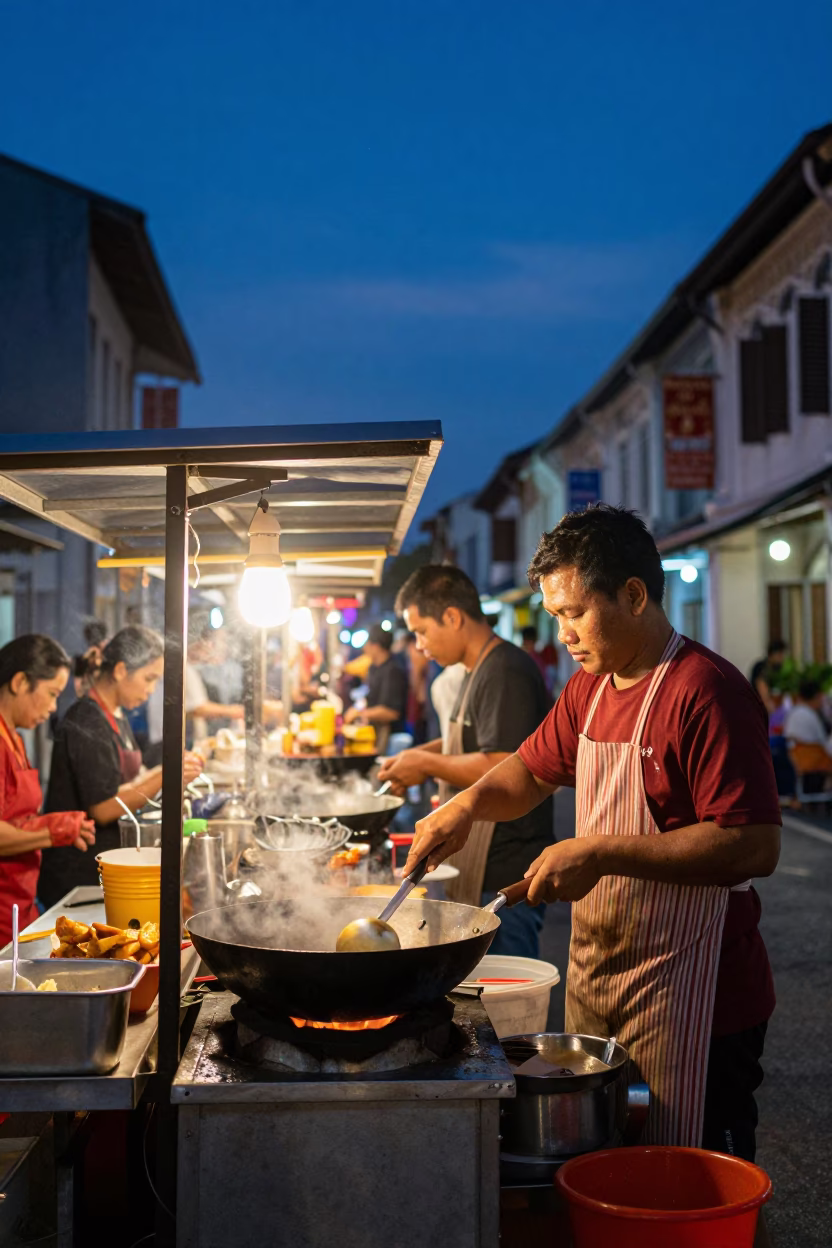 George Town Malaysia Street Food Vendor Cooking Wok Under Indigo Twilight Sky in in George Town, Malaysia