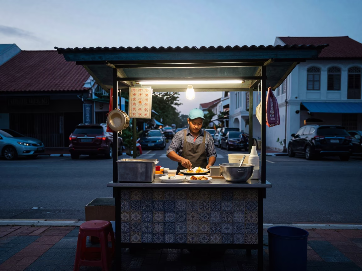 George Town Malaysia street food vendor preparing breakfast before sunrise in historic colonial architecture in in George Town, Malaysia