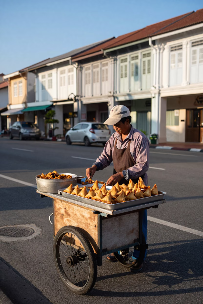George Town Malaysia Street Food Vendor Selling Sambusa in Late Afternoon Light in in George Town, Malaysia