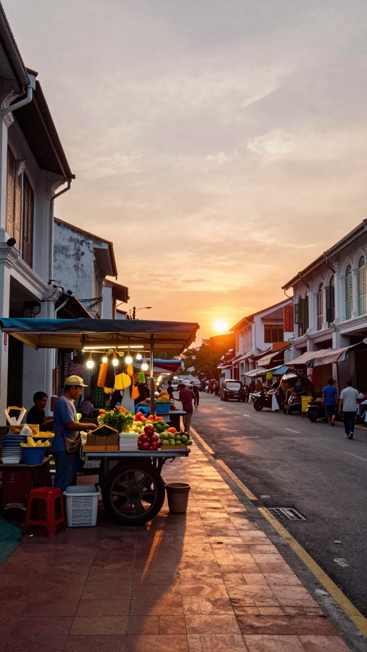 George Town Malaysia Street Market Sunset with Vendor and Shopfront in in George Town, Malaysia