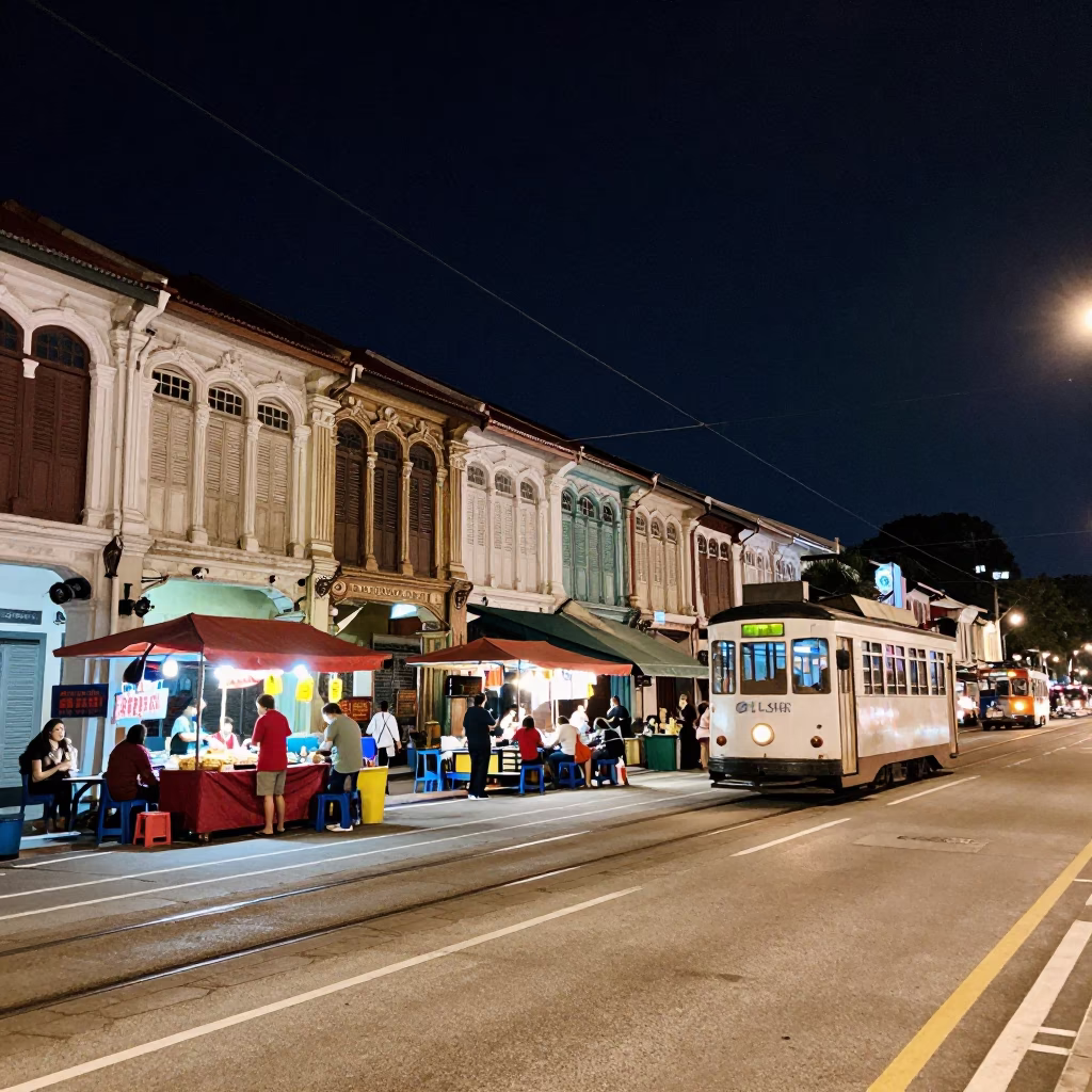 George Town Malaysia street night with tram and local vendors under deep sky in in George Town, Malaysia