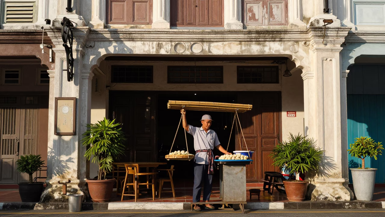 George Town Malaysia Street Scene 1980s Vendor Selling Dumplings and Garden Gate in in George Town, Malaysia