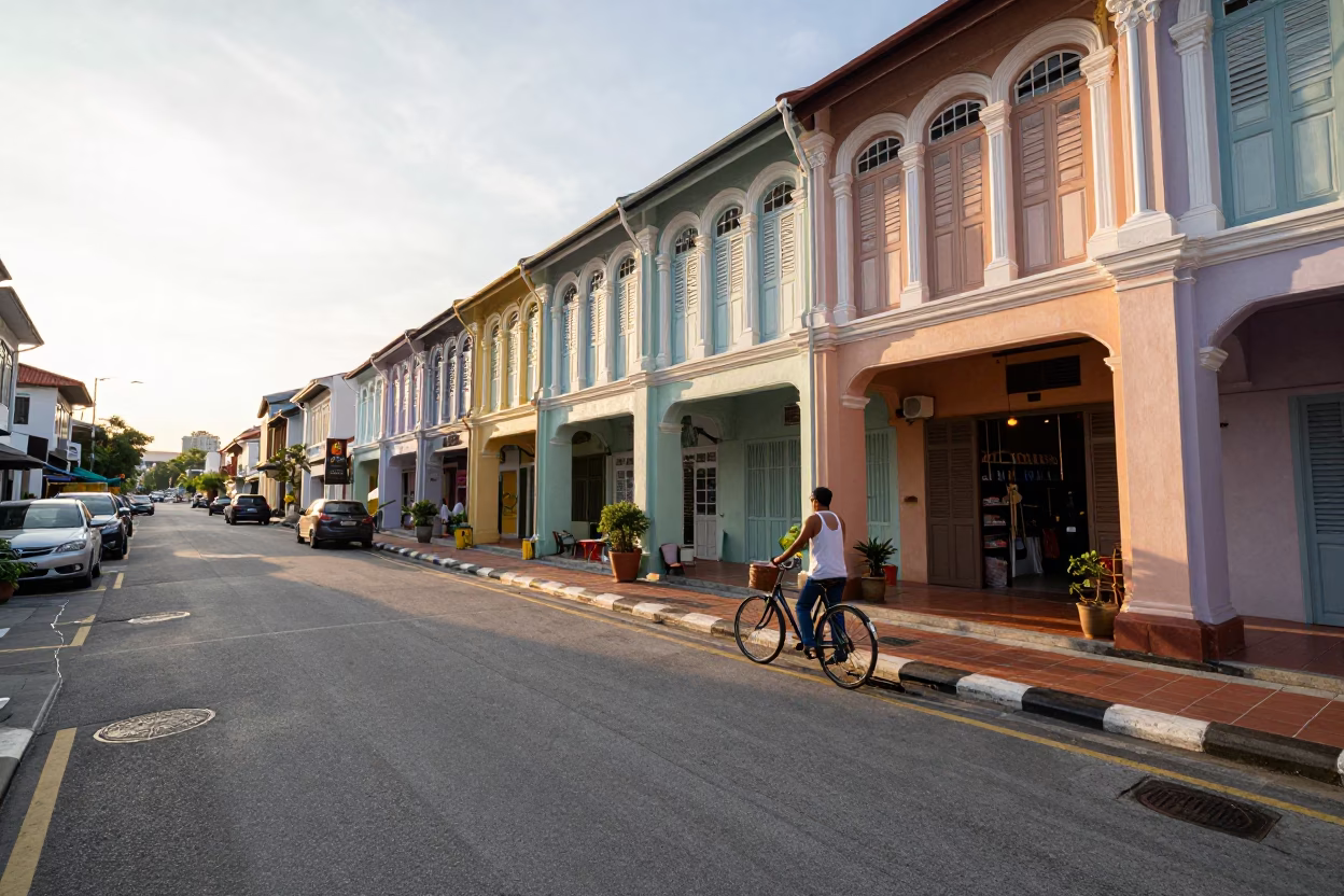 George Town Malaysia Street Scene After Sunrise with Shopkeeper and Bicycle in in George Town, Malaysia