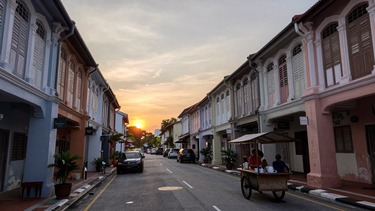George Town Malaysia Street Scene at Dusk with Coffee Mugs and Heritage Architecture in in George Town, Malaysia