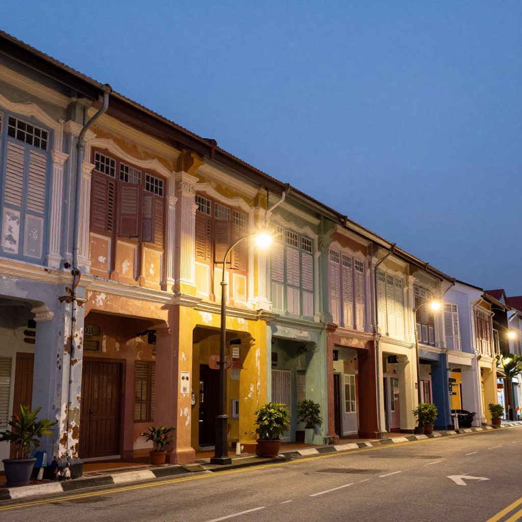 George Town Malaysia street scene at dusk with colonial shophouses and local vendors in in George Town, Malaysia