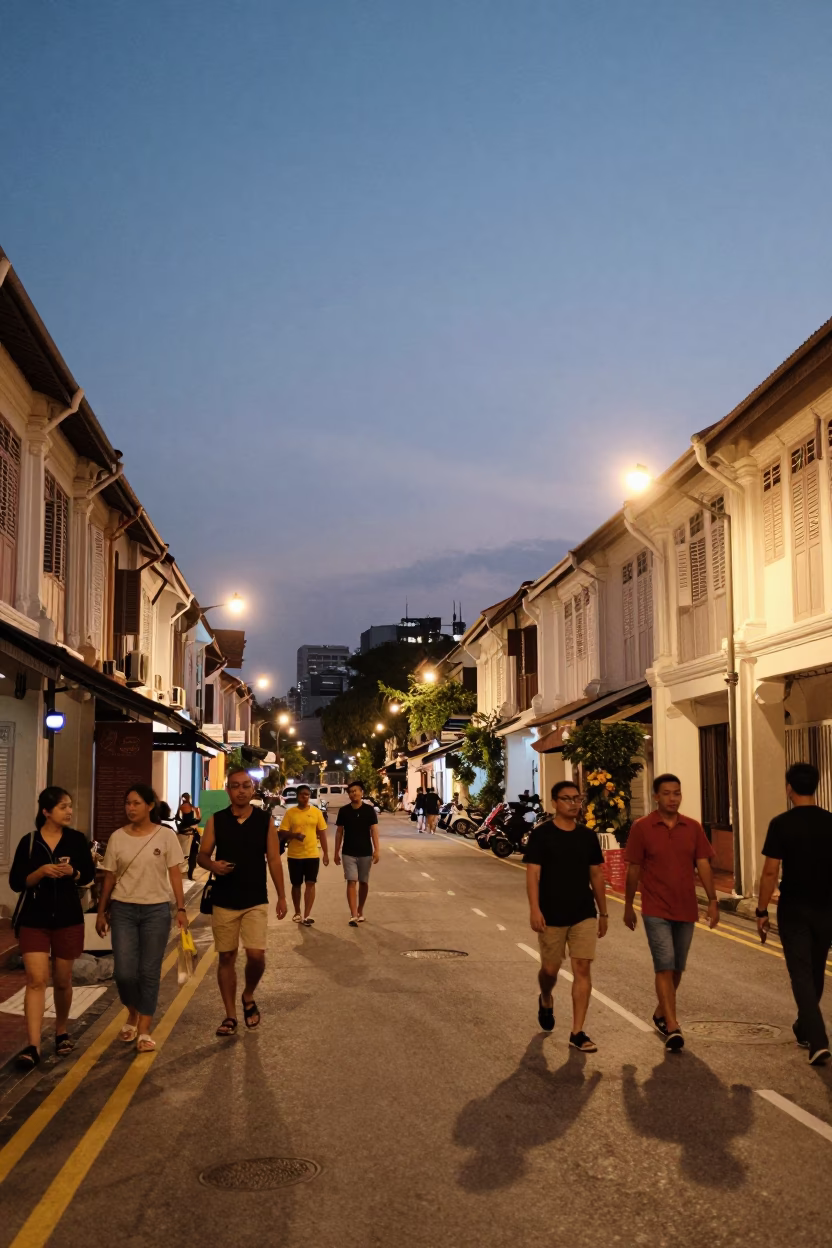 George Town Malaysia Street Scene at Dusk with Pedestrians and Traditional Architecture in in George Town, Malaysia