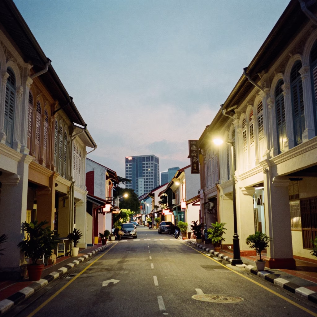 George Town Malaysia Street Scene at Dusk with Shophouse Facades and Ambient City Glow in in George Town, Malaysia