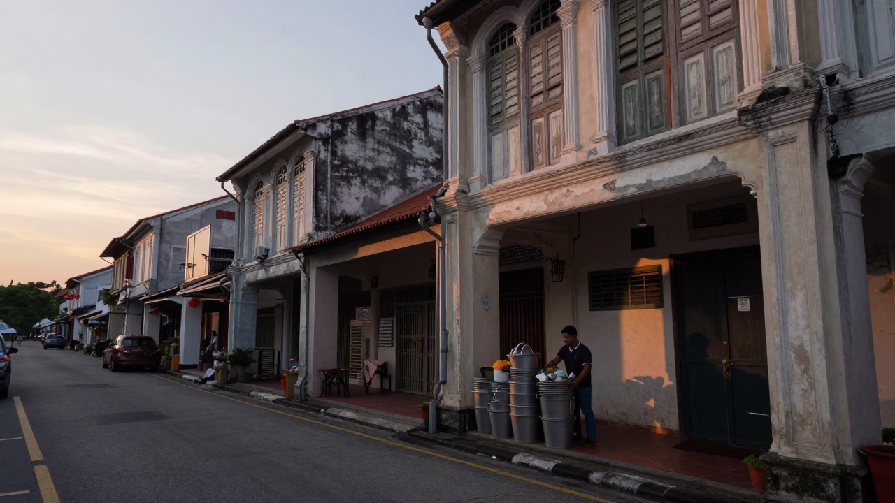 George Town Malaysia Street Scene at Dusk with Shophouses and Local Life in in George Town, Malaysia