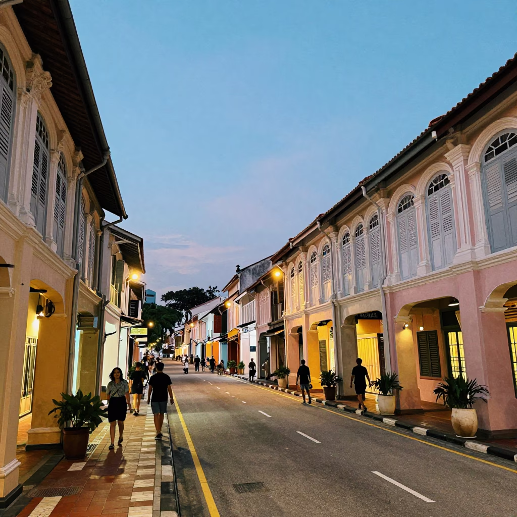 George Town Malaysia Street Scene at Dusk with Shophouses and Night Market Activity in in George Town, Malaysia