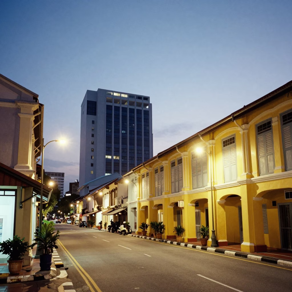 George Town Malaysia Street Scene at Dusk with Shophouses and Street Food Vendor in in George Town, Malaysia