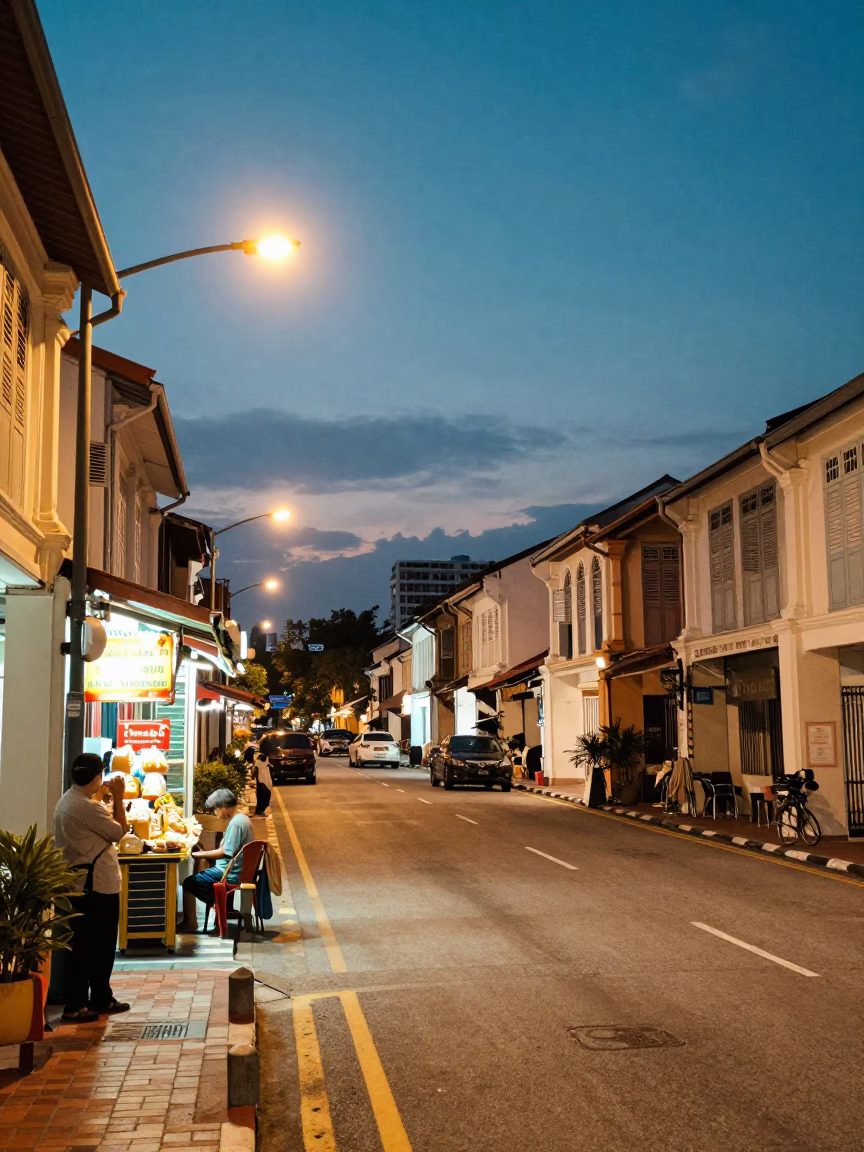 George Town Malaysia Street Scene at Dusk with Shopkeeper and Clear Glass Cup in in George Town, Malaysia