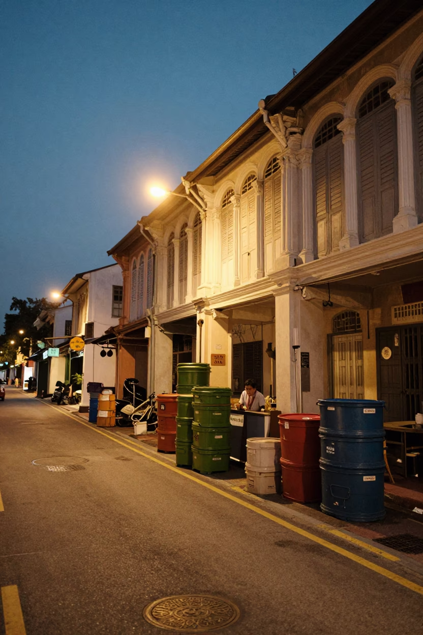 George Town Malaysia street scene at dusk with shopkeepers and storage tins in in George Town, Malaysia