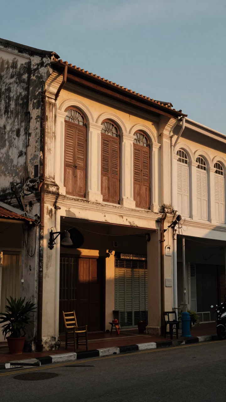 George Town Malaysia street scene at dusk with traditional architecture and daily life in in George Town, Malaysia
