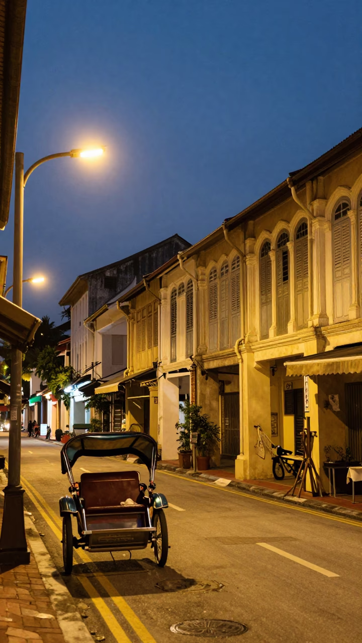 George Town Malaysia street scene at dusk with trishaw and shopfronts in in George Town, Malaysia