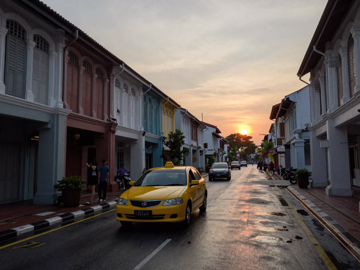 George Town Malaysia street scene at dusk with yellow taxi and rain in in George Town, Malaysia