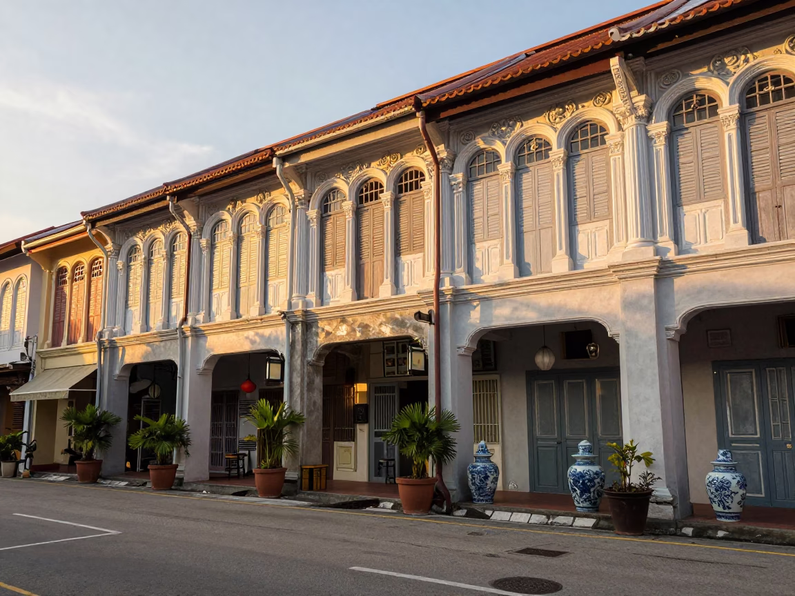 George Town Malaysia Street Scene at Golden Hour with Blue and White Porcelain Jar in in George Town, Malaysia